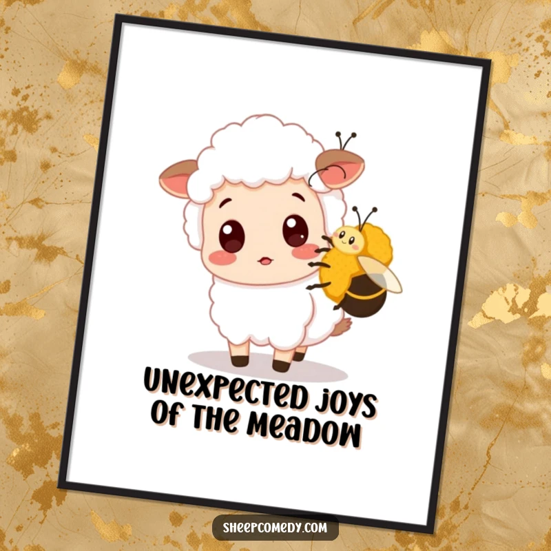 Funny free printable sheep wall art depicting a surprised sheep gently nudged by a friendly bumblebee, a humorous woodland scene.