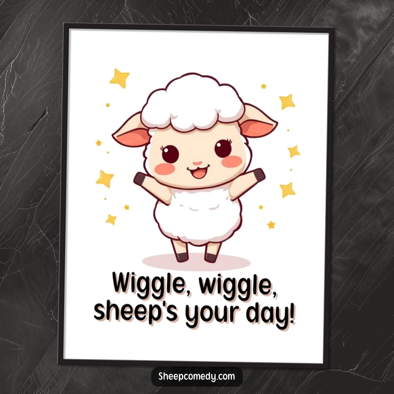 Funny Free Printable Wall Art: A sheep enthusiastically wiggle dancing under a sprinkle of tiny, sparkling stars.