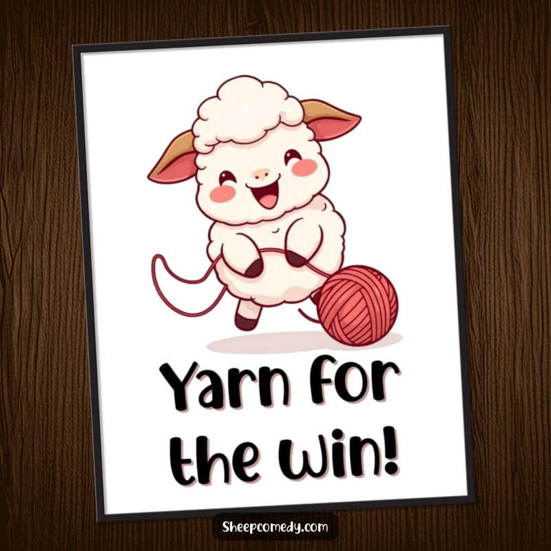 Funny Free Printable Wall Art: A playful sheep happily chasing a bouncing ball of yarn, art for a cheerful room.