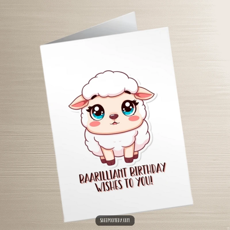 Funny Free Printable birthday card: A sheep character looking utterly surprised with wide, innocent eyes, reacting to news.