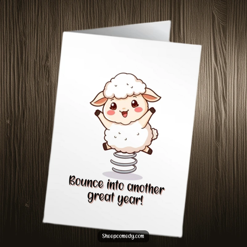 Funny Free Printable Bouncy Sheep Birthday Card: Fluffy sheep joyfully bouncing on a spring, full of birthday excitement.