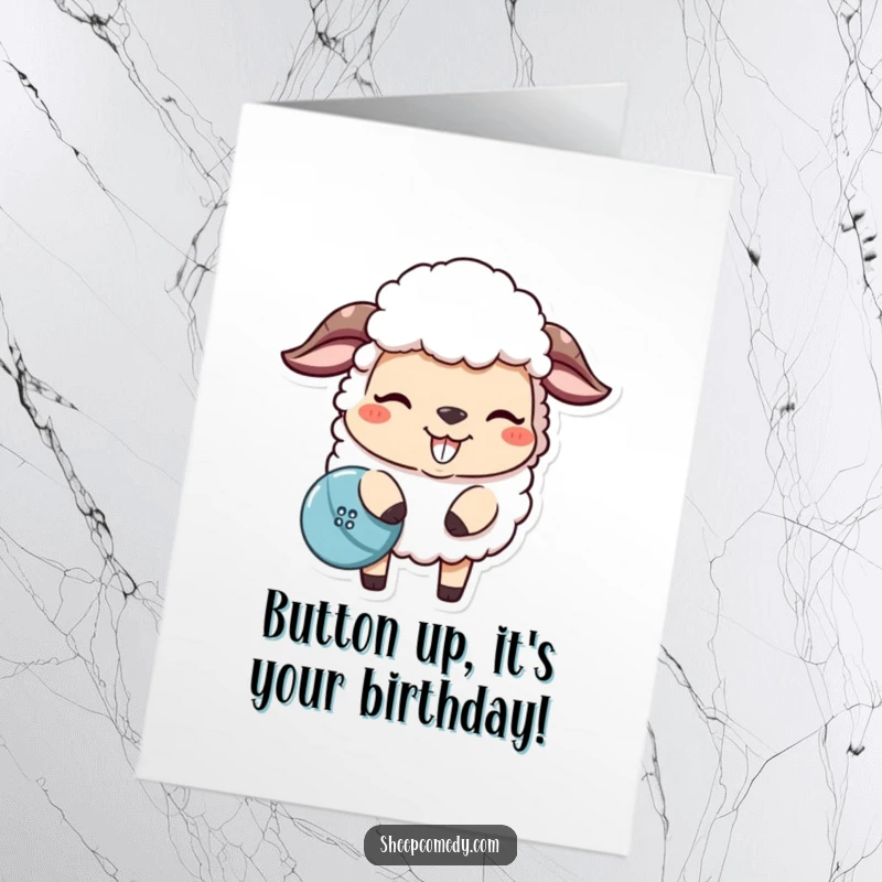 Funny Free Printable Birthday Card: Mischievous sheep with a grin nudges a lost button, adding playful humor.