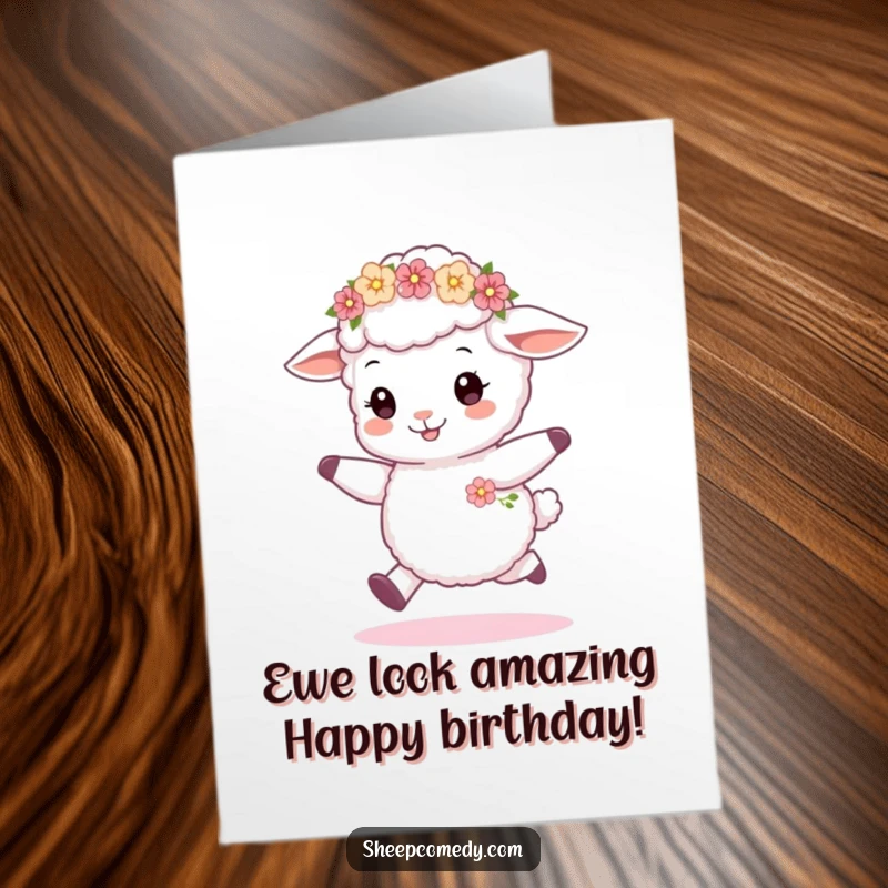 Funny Free Printable Birthday Card showing a joyful sheep cub skipping with a tiny flower wreath, perfect for a downloadable greeting.