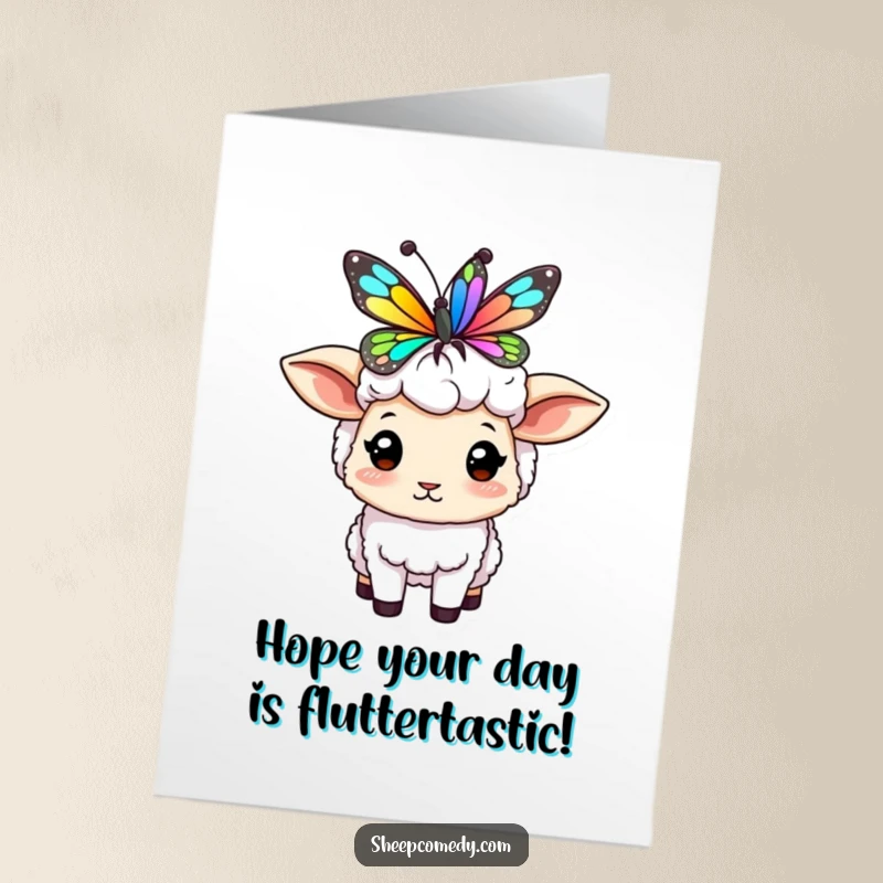 Funny Free Printable Birthday Card: Sheep comically balancing a colorful butterfly on its fluffy head, looking surprised and delighted.