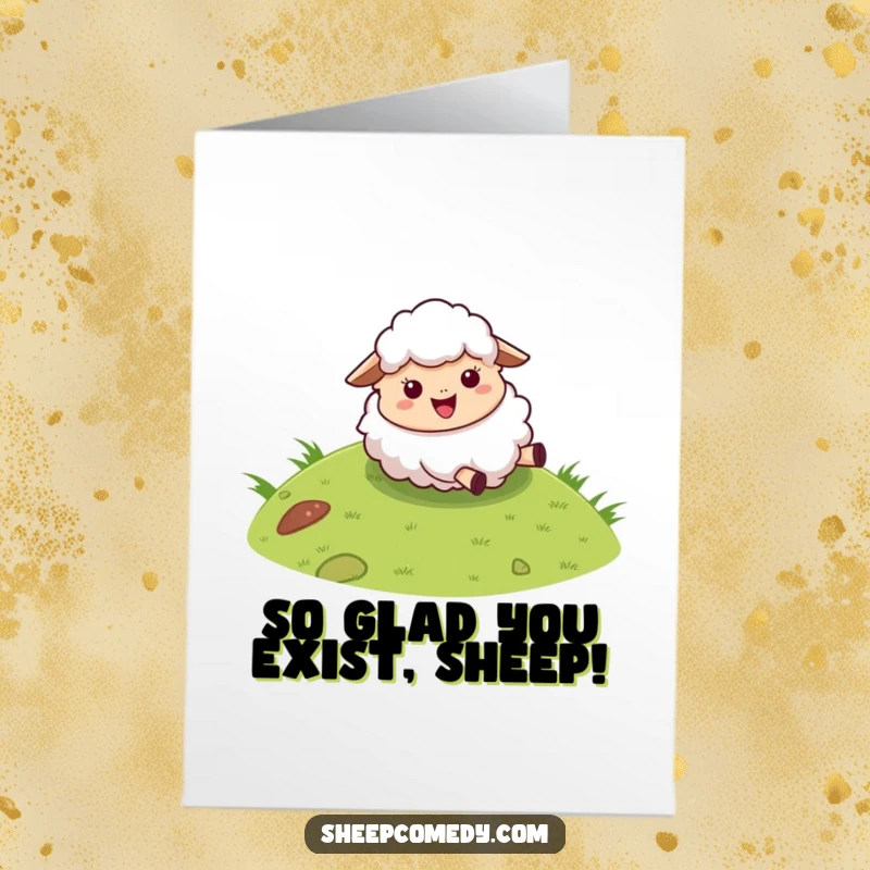 Funny Free Printable Birthday Card: Cute sheep with fluffy wool joyfully rolling down a grassy hill, perfect for a laugh.