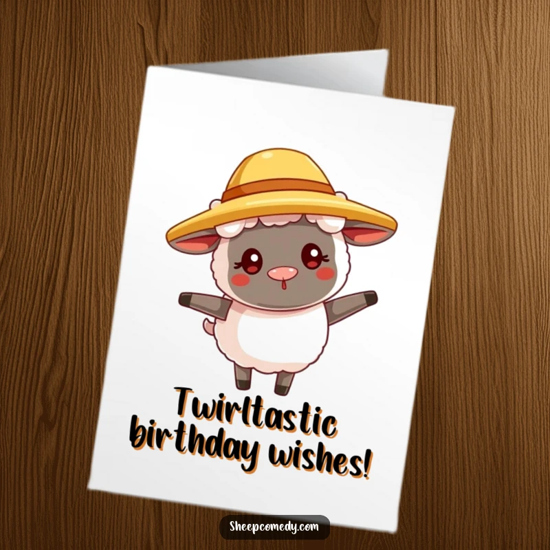 Funny Free Printable Birthday Card: A sheep with a goofy grin wears a straw hat and joyfully twirls.