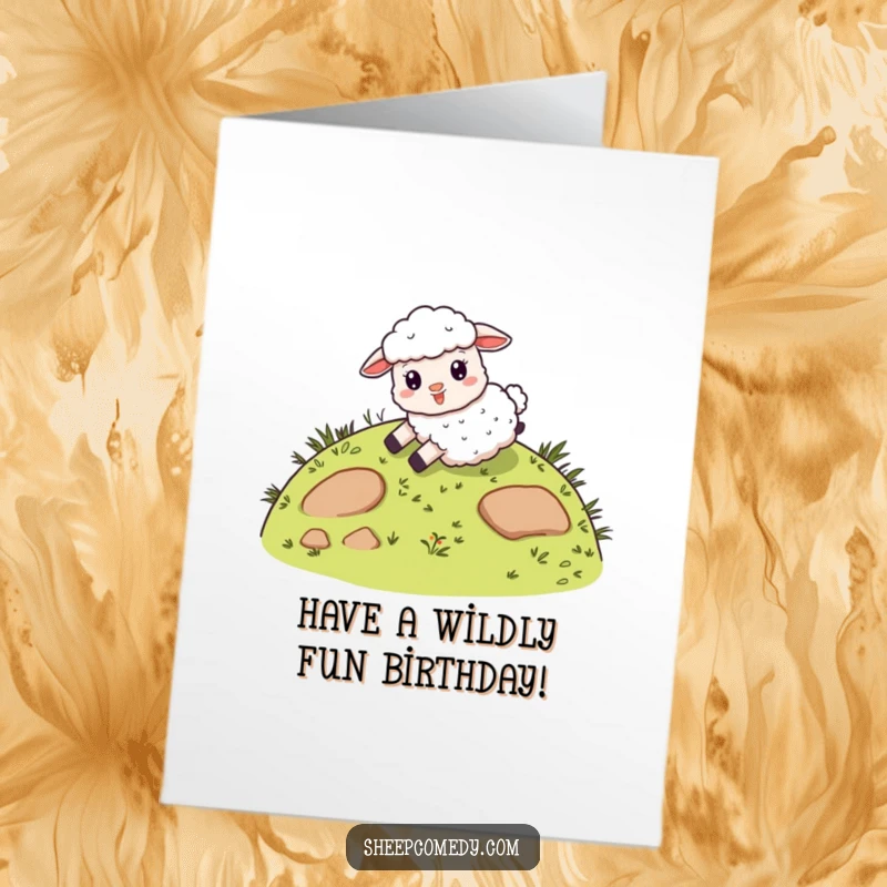 Funny Free Printable Birthday Card of a giddy sheep joyfully sliding down a whimsical, grassy hill, full of excitement.