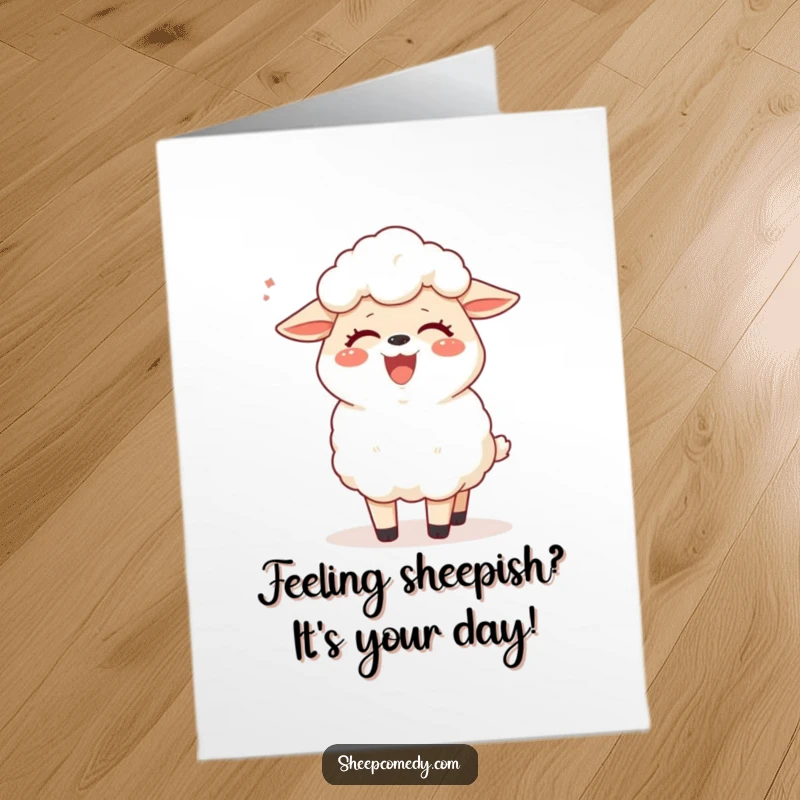Funny Free Printable Birthday Card featuring a sheep giggling uncontrollably as a gentle breeze tickles its woolly body.