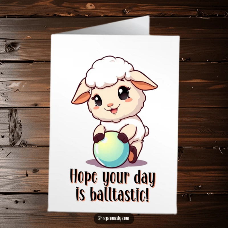 Funny Free Printable Birthday Card: A sheep joyfully plays with a shiny ball, expressing pure delight.