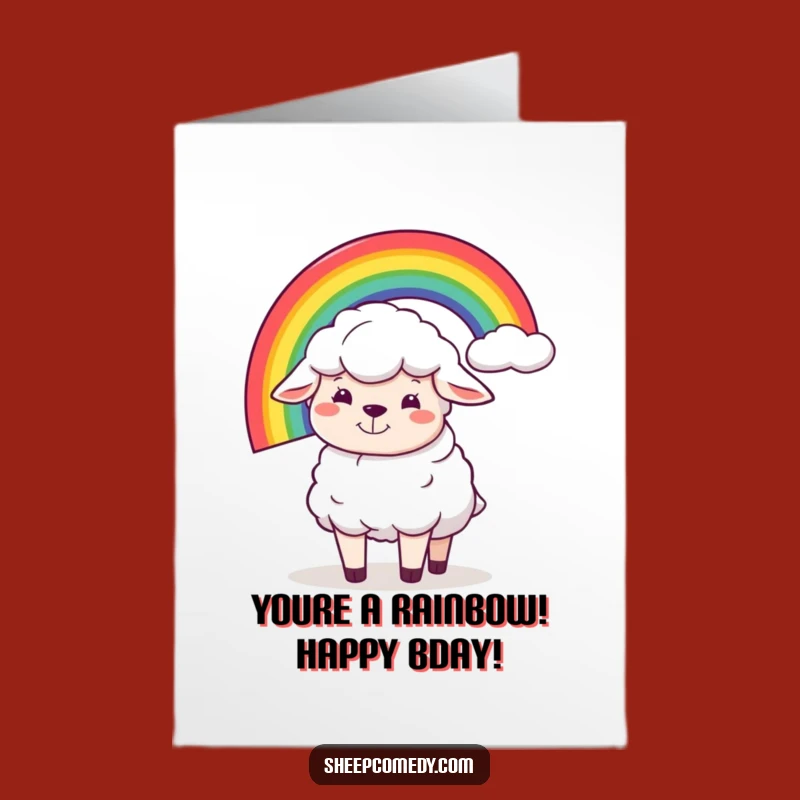 Free Printable Birthday Card: Sheep Balancing Rainbow - Funny Downloadable Gift