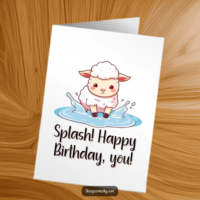 Funny Free Printable Birthday Card: Sheep joyfully splashing in a puddle that looks like a bright blue sky.