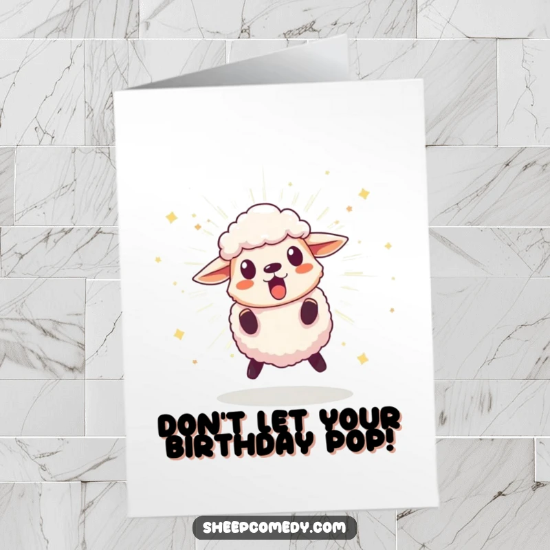 Funny Free Printable Birthday Card of a sheep leaping back in surprise from a bursting, sparkling pom-pom, great for laughs.