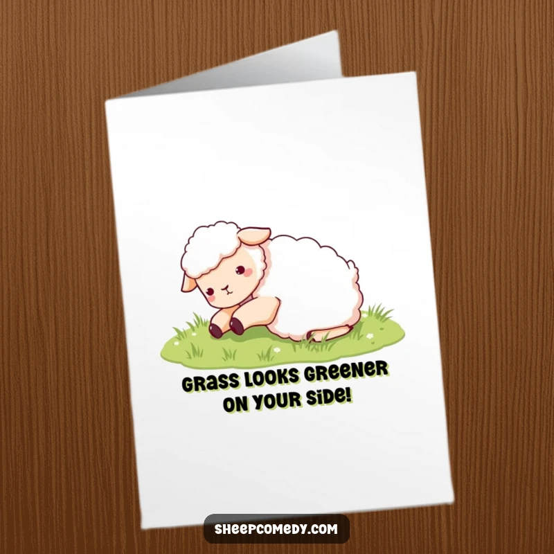 Funny Free Printable Birthday Card featuring a sheep joyfully rolling in green grass, spreading pure happiness.