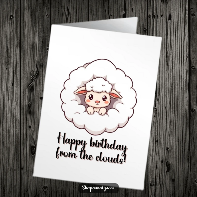 Funny Free Printable Cloud Sheep Birthday Card: Sheep curiously peeking from a giant fluffy cloud, perfect for a birthday surprise.