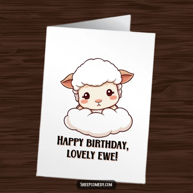 Funny Free Printable Birthday Card showing a cute sheep with mild eyes, peeking from behind a soft cloud, a downloadable greeting.