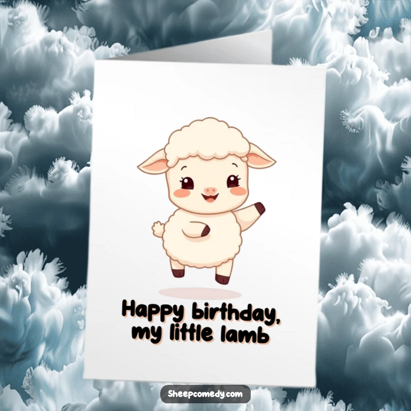 Funny Free Printable Birthday Card showing a happy sheep cub doing a gentle, bouncy hop, a joyful downloadable greeting.