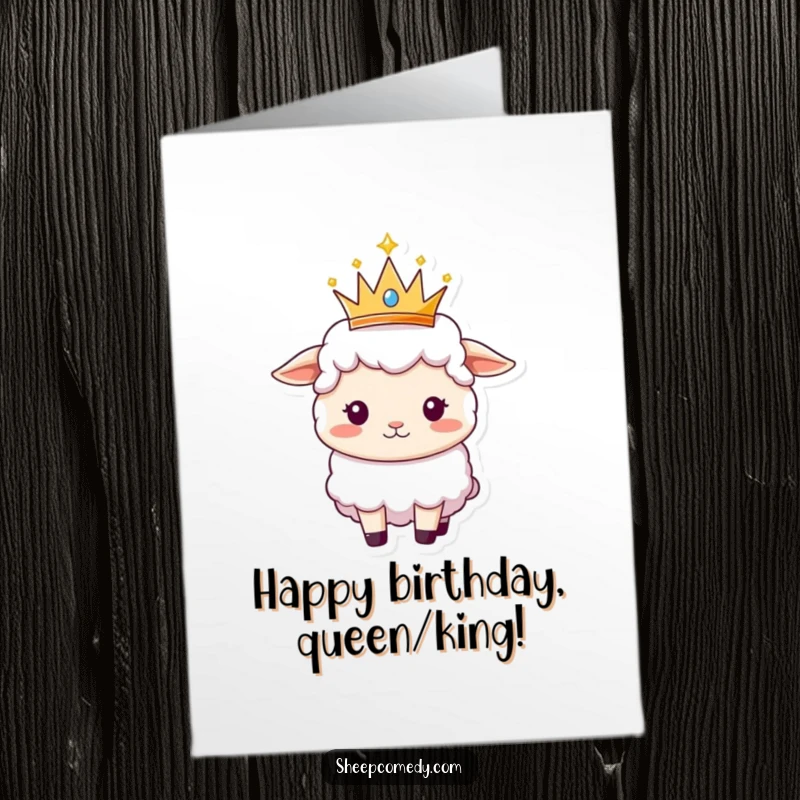 Funny Free Printable Sheep Birthday Card: A sheep wearing a sparkly crown, celebrating a majestic birthday.