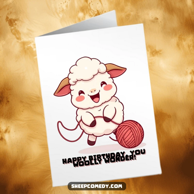 Funny Free Printable Birthday Card: Playful sheep with a cheerful bleat chasing a bouncing ball of yarn, full of energy.