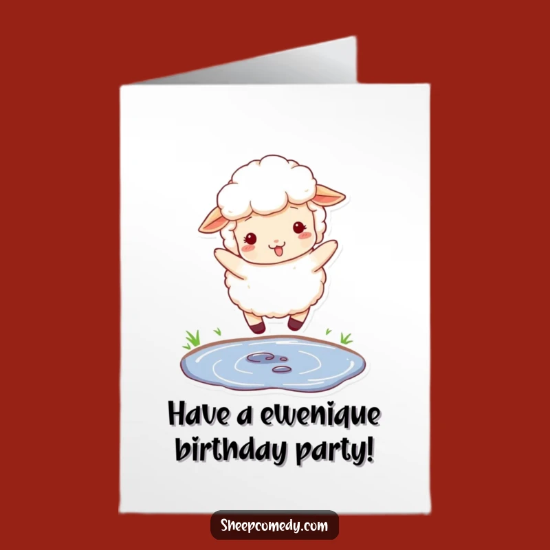 Free Printable Funny Birthday Card: Jumping Sheep Puddle Greeting Funny Downloadable Gift
