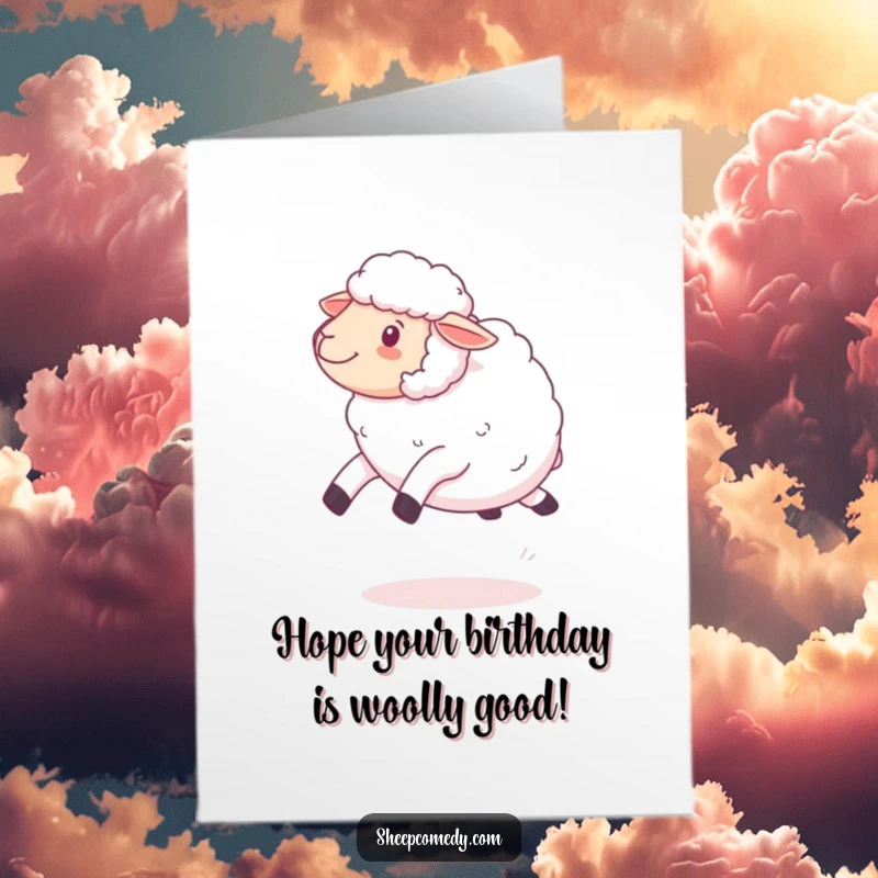 Funny Free Printable Birthday Card showing a fluffy kawaii sheep bouncing and leaping playfully, a downloadable greeting.
