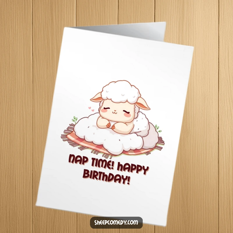 Funny Free Printable Birthday Card: Sheep happily sighing while napping peacefully on a fluffy picnic blanket.