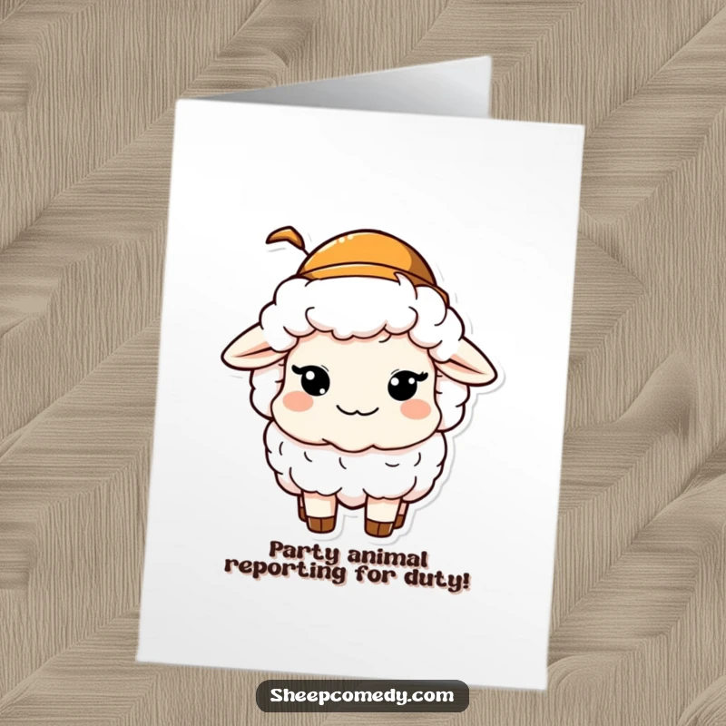 Funny Free Printable Birthday Card: A sheep with a mischievous wink and a tiny party hat, ready for celebration.