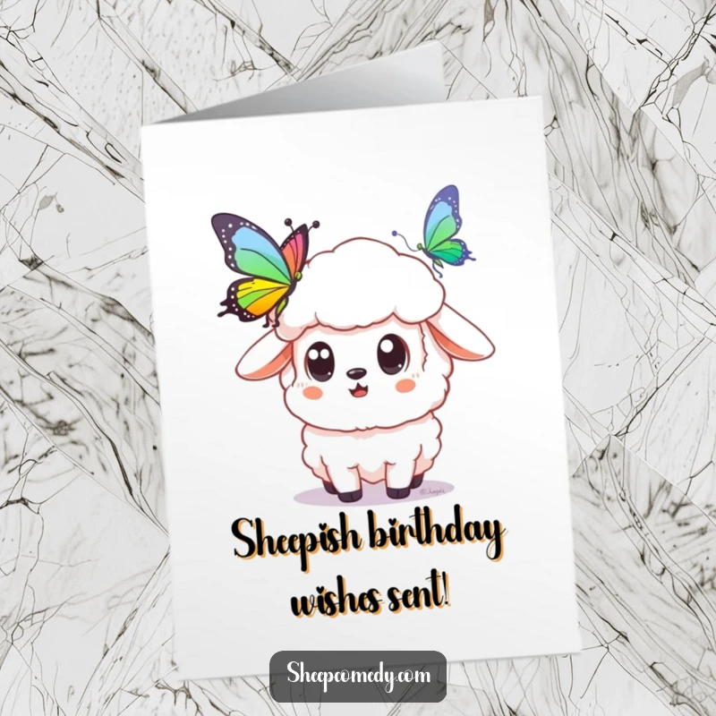 Funny Free Printable Birthday Card: A sheep stares in wide-eyed surprise at a colorful rainbow butterfly. Whimsical and cute.