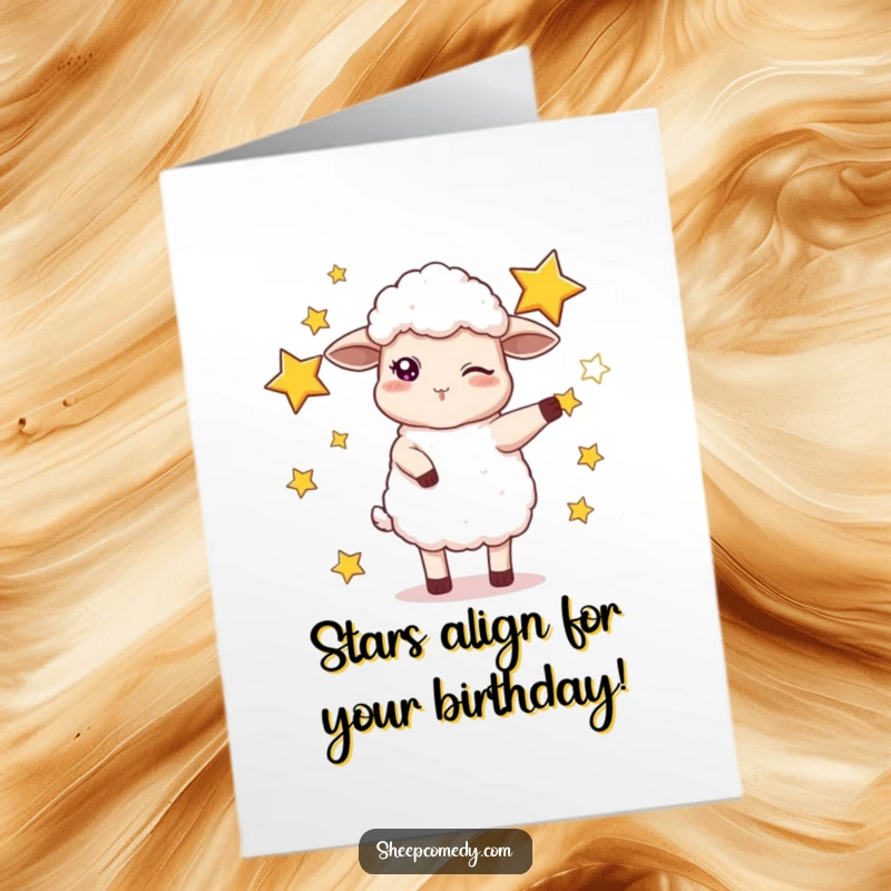 Funny Free Printable Birthday Card: Mischievous sheep winking, juggling bright stars, ready for a laugh.