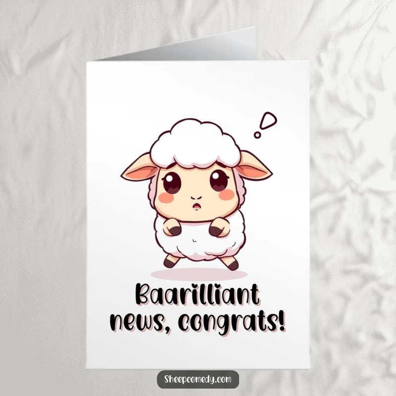 Funny Free Printable congratulations card depicting a sheep recovering from a stumble with a surprised and funny 'baaa'.