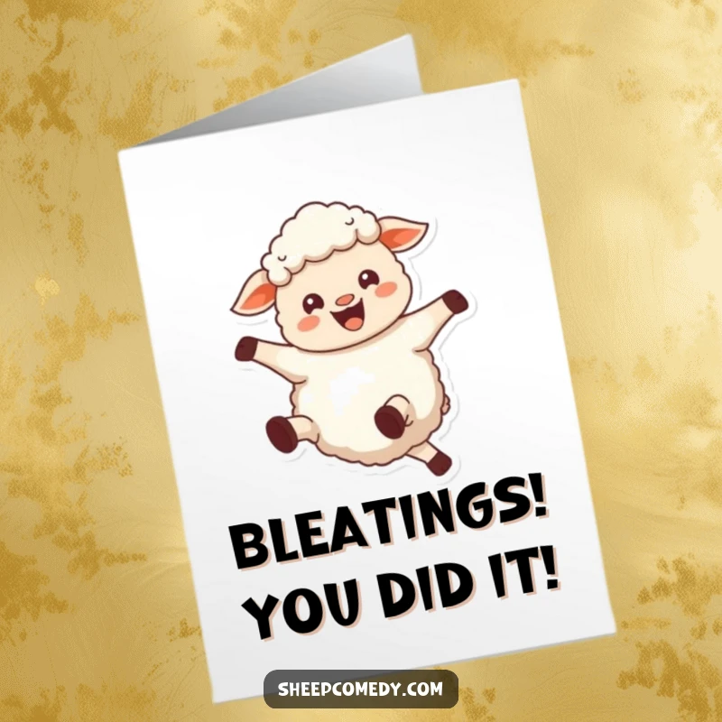 Funny Free Printable Congrats Card: A sheep bleats joyfully while its woolly legs kick wildly in the air.