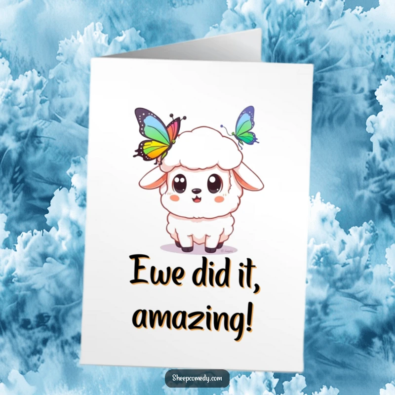 Funny Free Printable Congratulations Card: A sheep looks amazed at a vibrant rainbow butterfly. Perfect for downloadable congratulations.