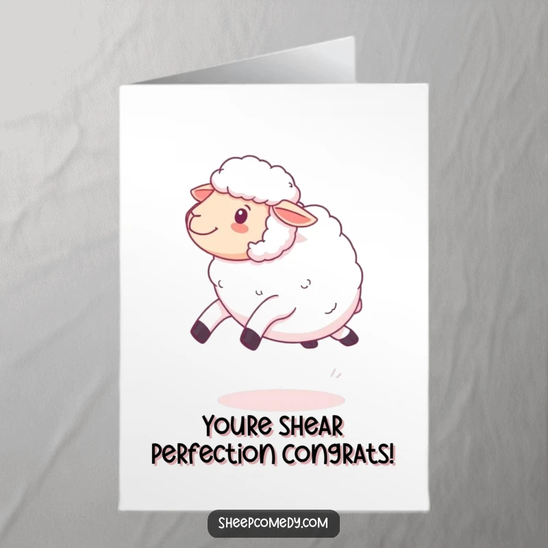 Funny Free Printable Congratulations Card with a playful kawaii sheep bouncing and leaping, ideal for a downloadable greeting.