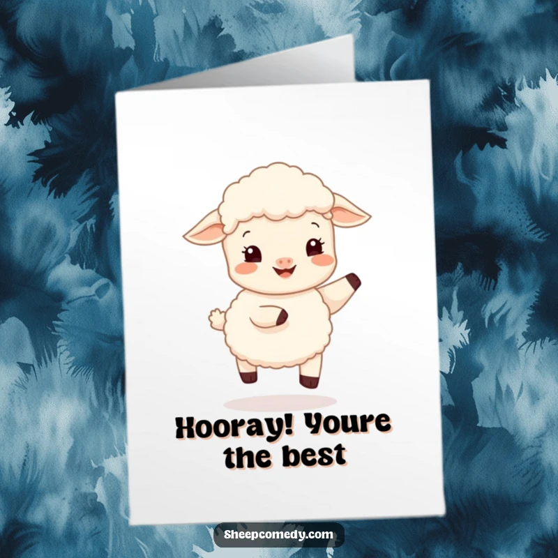 Funny Free Printable Congratulations Card with a happy sheep cub doing a gentle, bouncy hop, a cheerful downloadable.