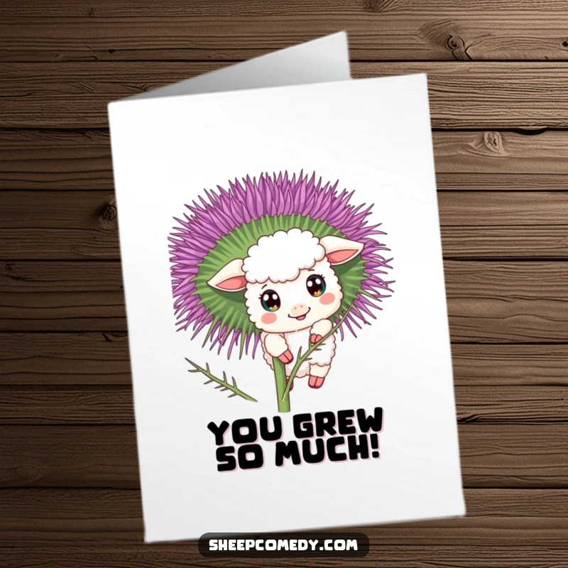 Funny Free Printable Congratulations Card: A sheep curiously peeking from behind a thistle with wide eyes, celebrating a new success.