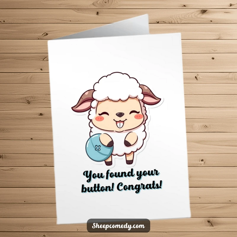 Funny Free Printable Congrats Card: A sheep with a sly grin nudges a stray button, celebrating success.