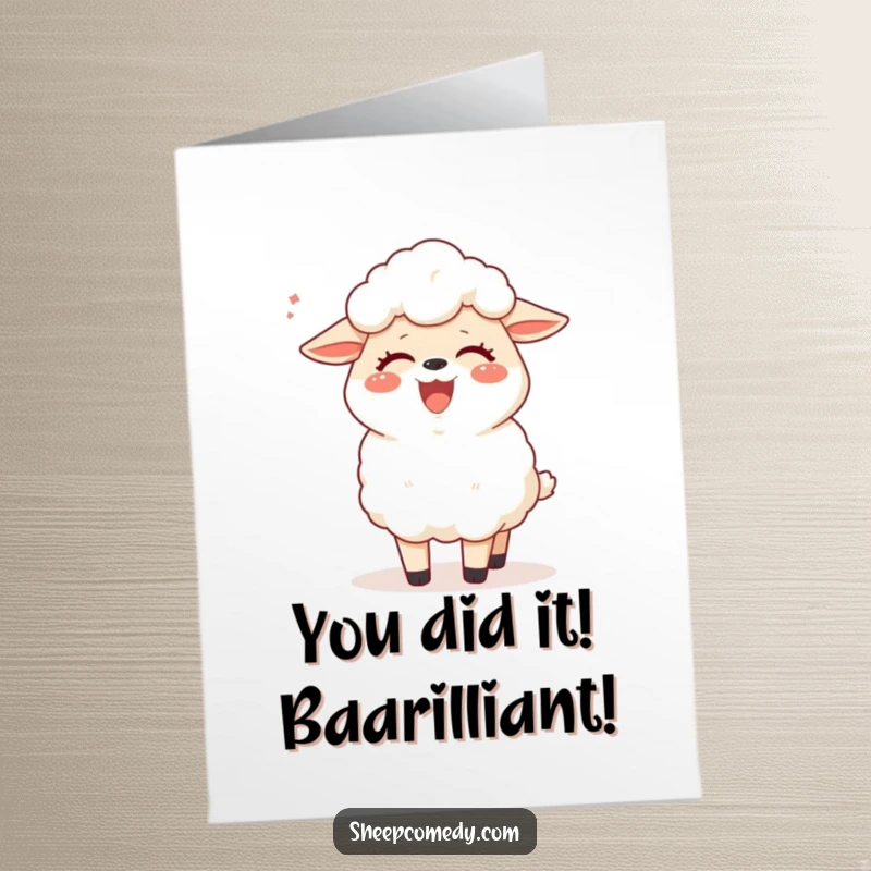 Funny Free Printable Congratulations Card showing a sheep in fits of giggles, celebrating an achievement with pure delight.