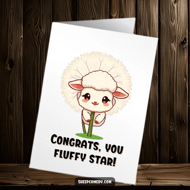Funny Free Printable congratulations card of a sheep curiously peeking out from the safety of a large, fluffy dandelion.