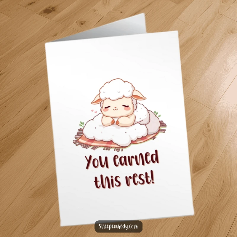 Funny Free Printable Congratulations Card: Content sheep sighing deeply while napping on a picnic blanket, celebrating your win.