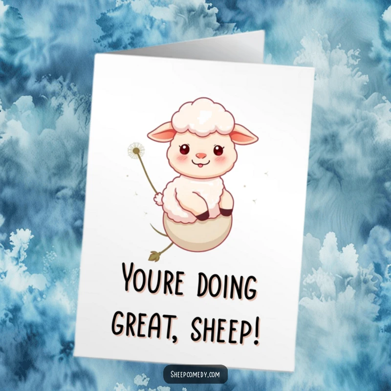 Funny Free Printable Congrats Card: Sheep floats on a dandelion, celebrating achievements with a happy, carefree spirit.