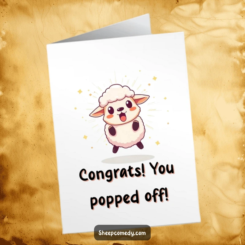 Funny Free Printable Congratulations Card of a sheep character leaping back in surprise from a bursting, sparkling pom-pom.