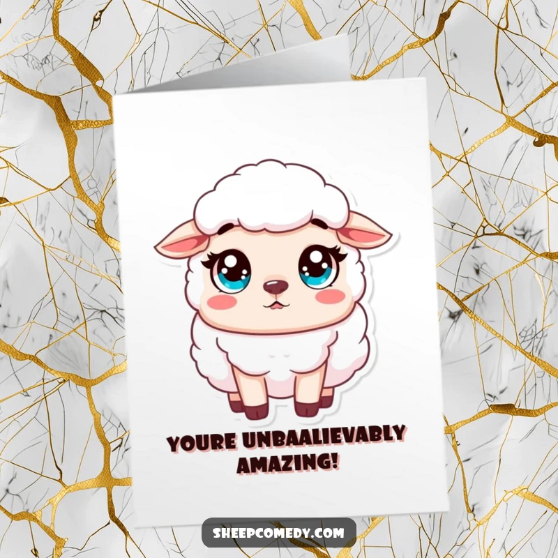 Funny Free Printable congratulations card: A sheep character showing surprise with wide, innocent eyes, celebrating a milestone.
