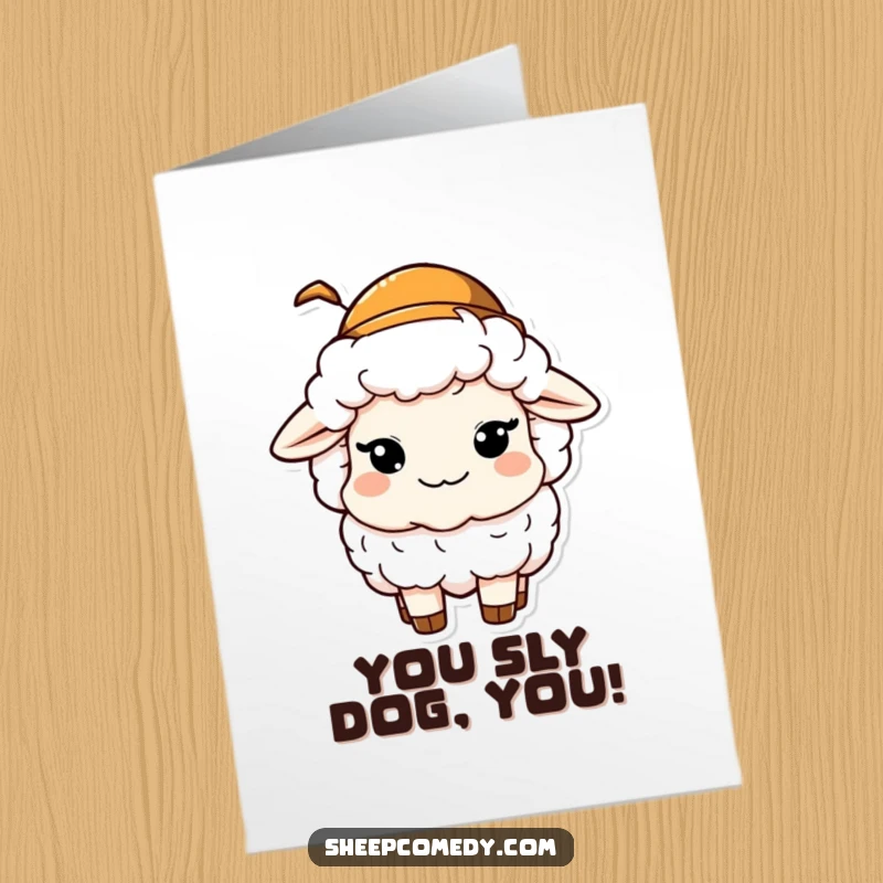 Funny Free Printable Congratulations Card: A sheep wearing a small hat gives a sly, mischievous wink, celebrating success playfully.