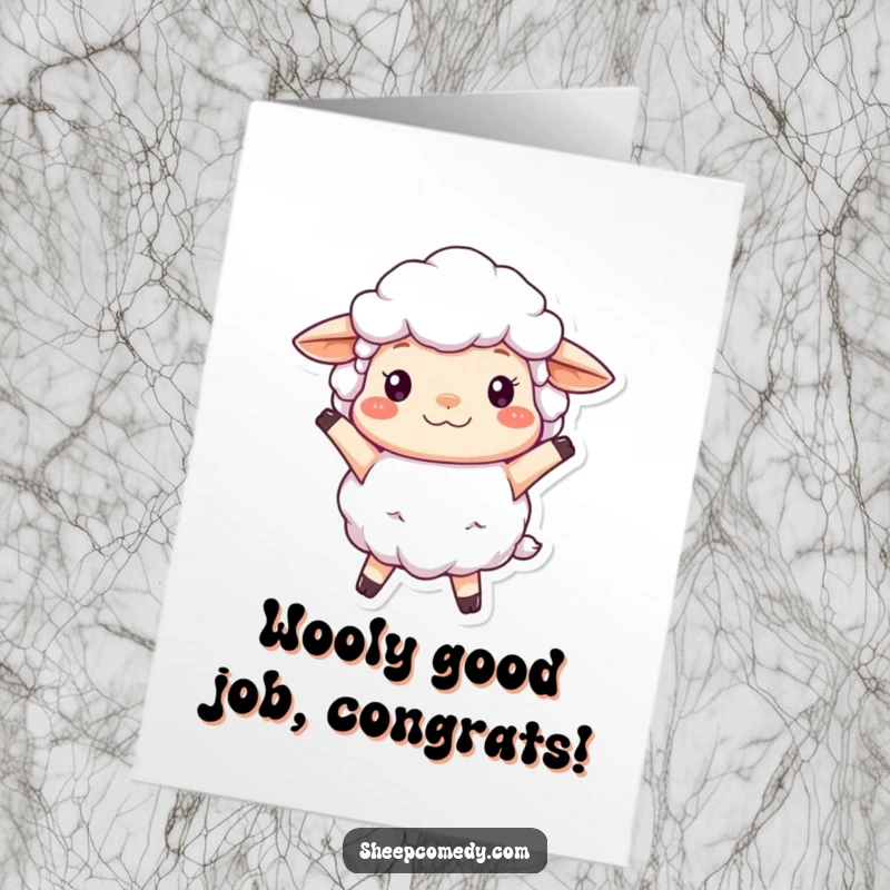 Funny Free Printable Sheep Congratulations Card: A fluffy sheep character bouncing joyfully, celebrating success with cheerful energy.