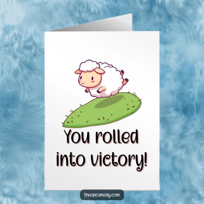 Funny Free Printable Sheep Congrats Card: Sheep energetically rolling down a gentle, grassy slope with excitement.