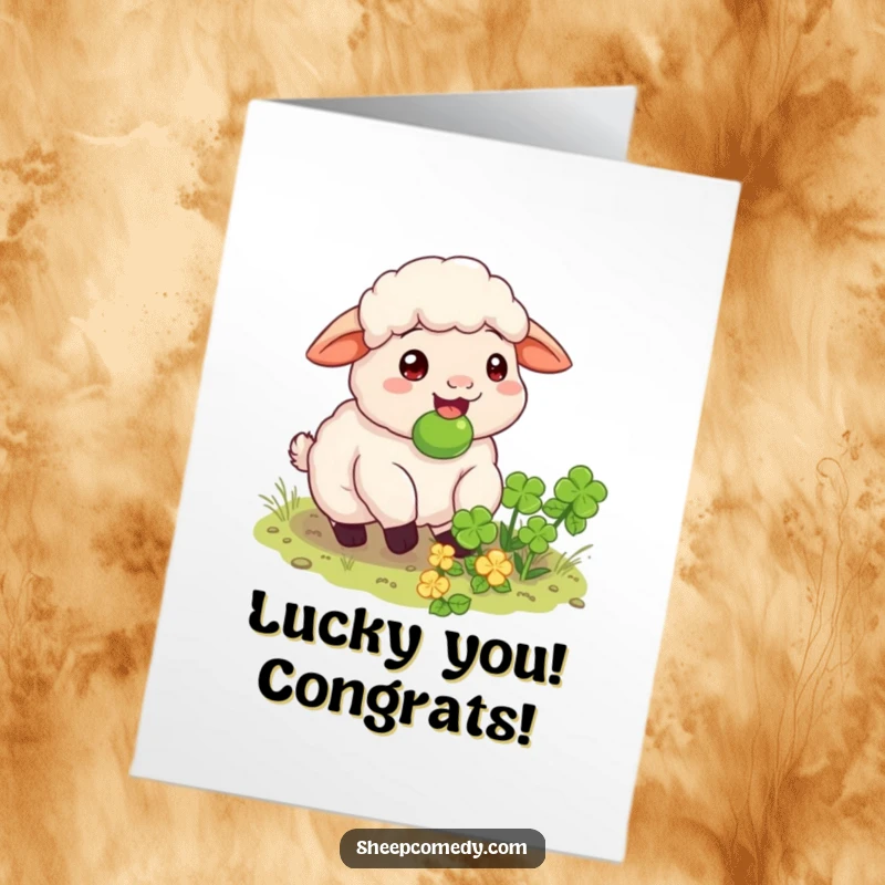 Funny Free Printable Congrats Card: A happy sheep is caught mid-munch on a secret patch of clover.