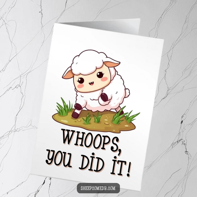 Funny Free Printable Congratulations Card: A sheep humorously slipping on wet grass, capturing a moment of playful chaos.