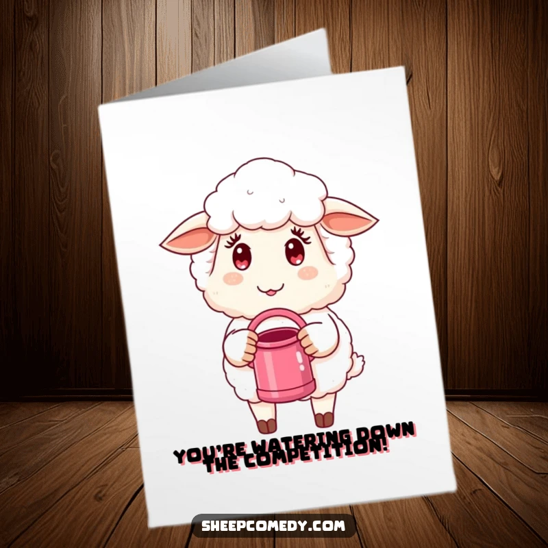 Funny Free Printable Congratulations Card: A sheep with a mischievous twinkle waters a tiny plant, celebrating new growth.