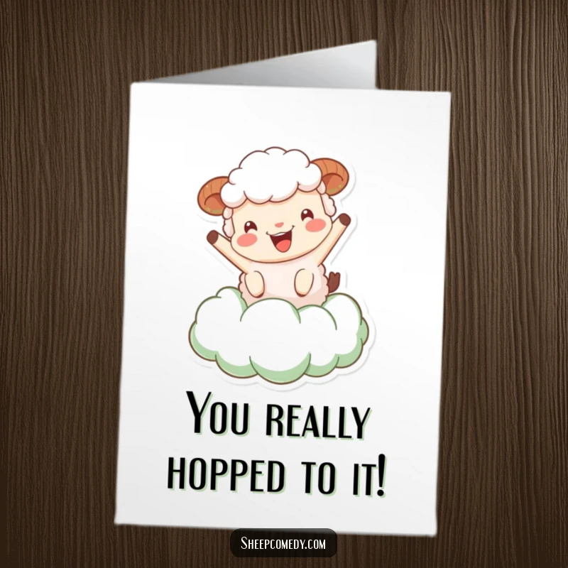 Funny Free Printable Sheep Congrats Card: Sheep happily bouncing high on a fluffy, green cloud.