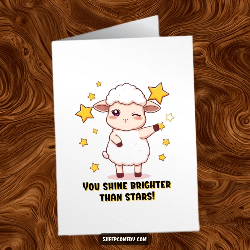 Funny Free Printable Congratulations Card: A winking sheep energetically juggling oversized glowing stars.