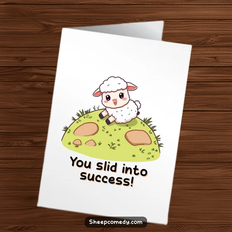 Funny Free Printable Congratulations Card of a giddy sheep character sliding down a whimsical, grassy hill, celebrating forward motion.
